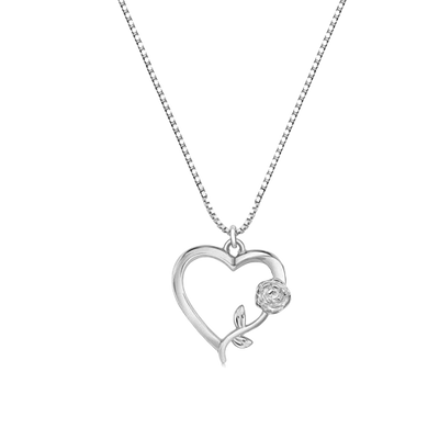 Sterling Silver Rhodium Plated Heart Rose Necklace Pendant