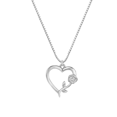 Sterling Silver Rhodium Plated Heart Rose Necklace Pendant
