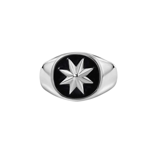 Sterling Silver Rhodium Plated High Polished Octagram Star Black Enamel Ring