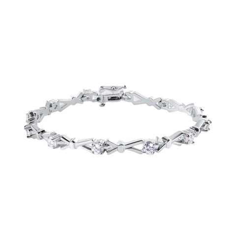 Sterling Silver Nickel Free Rhodium Plated CZ X-link Fancy Bracelet