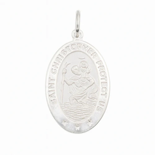 Sterling Silver High Polished Sandblasted Saint Christopher CZ Pendant