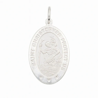 Sterling Silver High Polished Sandblasted Saint Christopher CZ Pendant