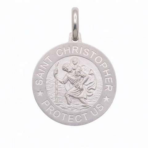 Sterling Silver High Polished Sandblasted Saint Christopher Round Pendant