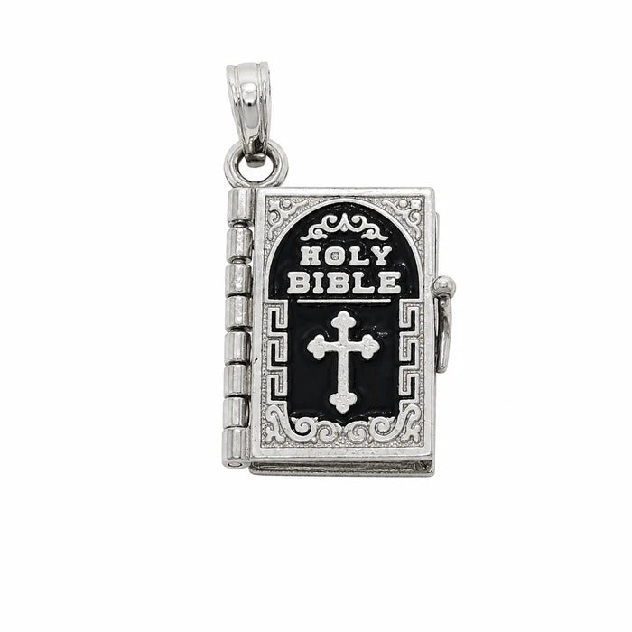 Sterling Silver High Polish Small Black Colored Enamel English Bible Pendant