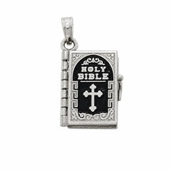 Sterling Silver High Polish Small Black Colored Enamel English Bible Pendant