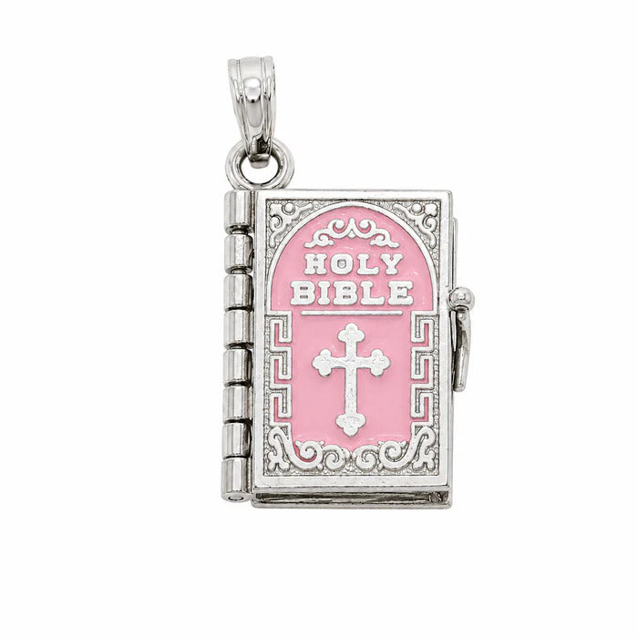 Sterling Silver High Polish Small Pink Colored Enamel English Bible Pendant