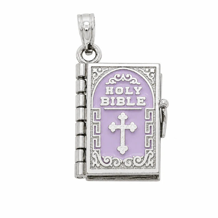 Sterling Silver High Polish Small Purple Colored Enamel English Bible Pendant