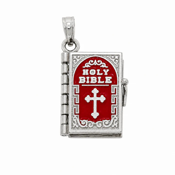 Sterling Silver High Polish Small Red Colored Enamel English Bible Pendant