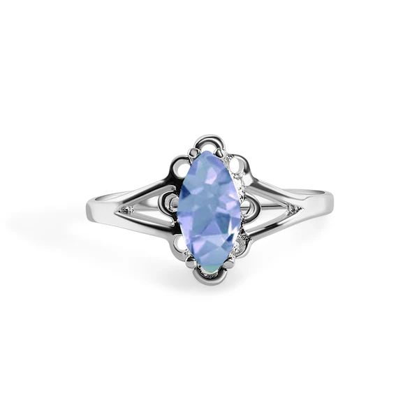 Sterling Silver Rhodium Plated Cubic Zirconia Marquise Filigree Birthstone Ring