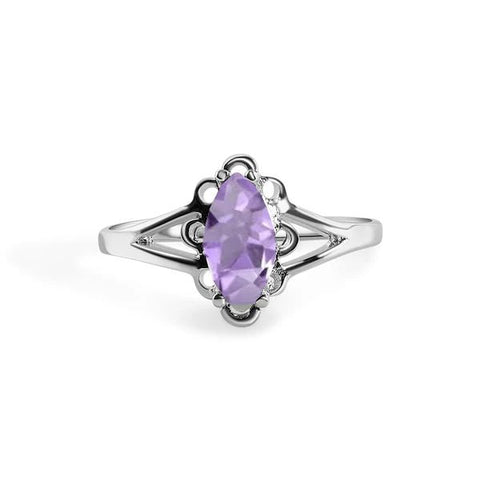 Sterling Silver Rhodium Plated Amethyst Marquise Filigree Birthstone Ring