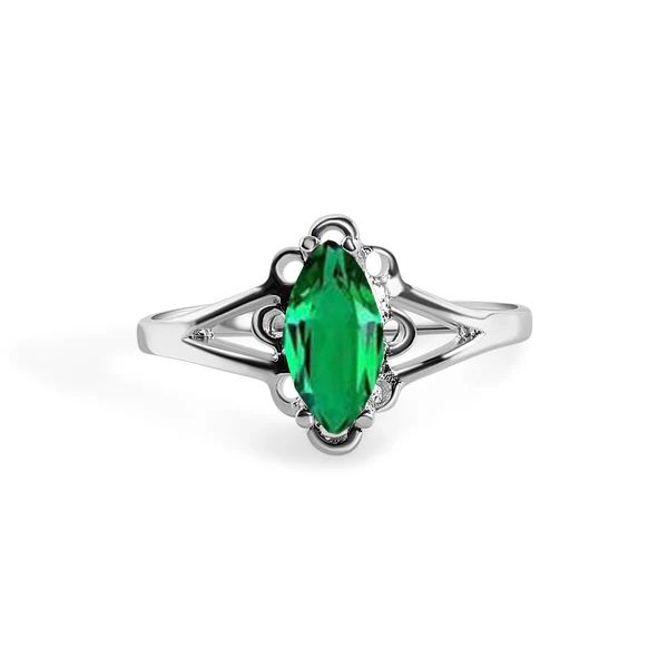 Sterling Silver Rhodium Plated Emerald Marquise Filigree Birthstone Ring