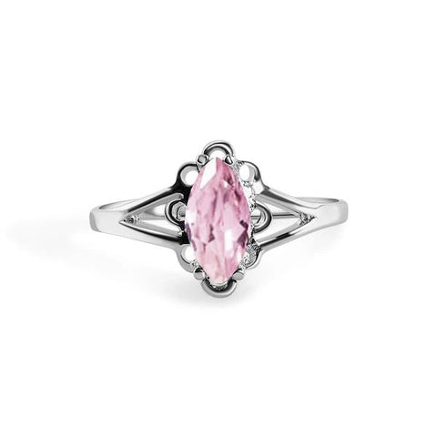 Sterling Silver Rhodium Plated Rose Marquise Filigree Birthstone Ring