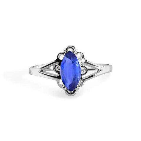 Sterling Silver Rhodium Plated blue sapphire Marquise Filigree Birthstone Ring