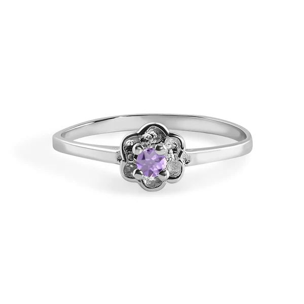 Sterling Silver Rhodium Plated Amethyst Dainty Birthstone Ring