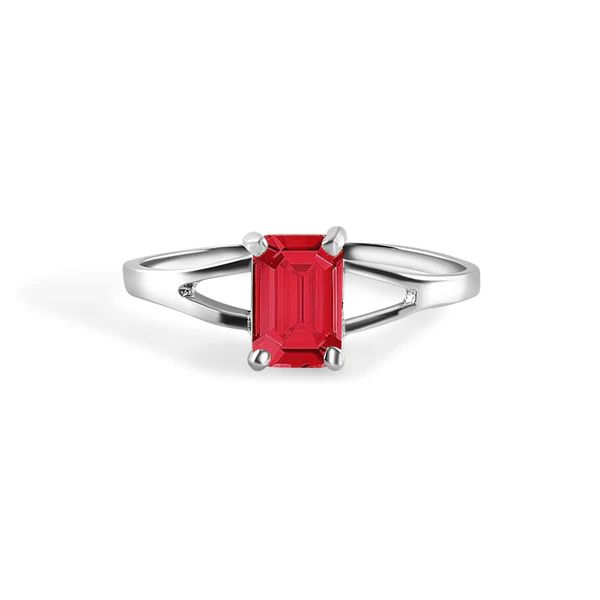 Sterling Silver Rhodium Plated Ruby Cut Birthstone Ring