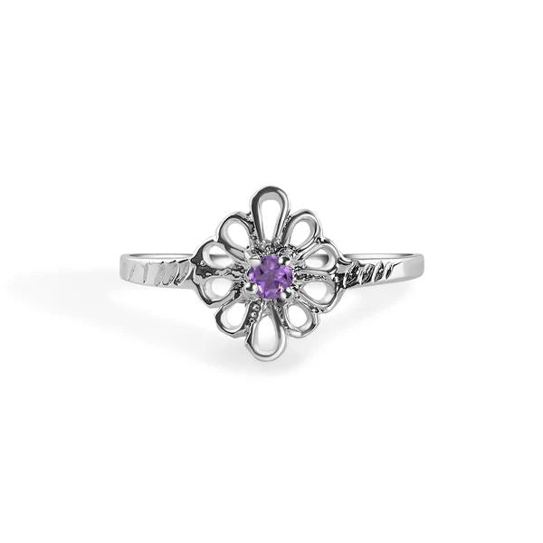 Sterling Silver Rhodium Plated Amethyst Filagree Birthstone Ring