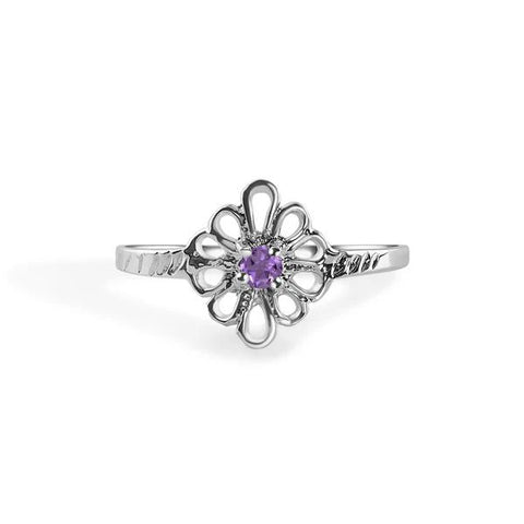 Sterling Silver Rhodium Plated Amethyst Filagree Birthstone Ring