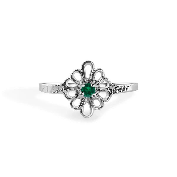 Sterling Silver Rhodium Plated Emerald Filagree Birthstone Ring