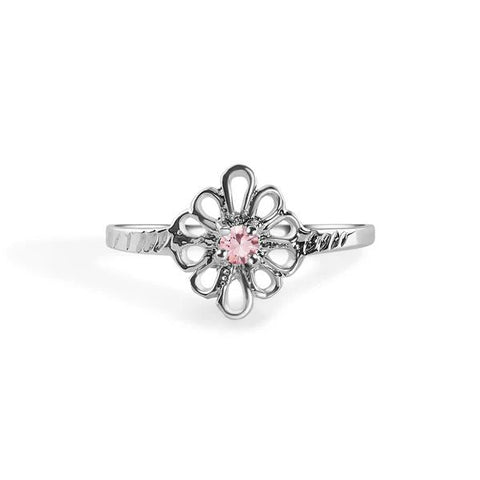 Sterling Silver Rhodium Plated Rose Filagree Birthstone Ring