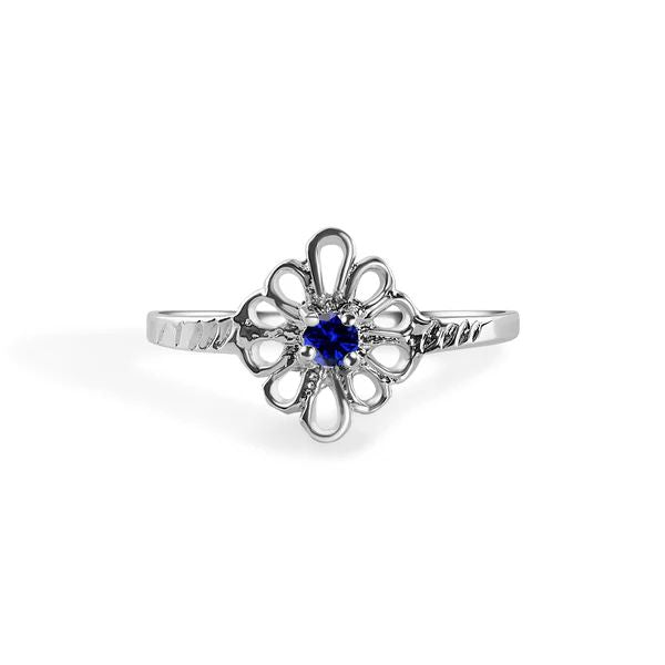 Sterling Silver Rhodium Plated Blue Sapphire Filagree Birthstone Ring