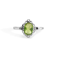 Load image into Gallery viewer, Sterling Silver Rhodium Plated Peridot Oval Filagree Birthstone Ring