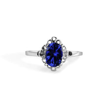 Load image into Gallery viewer, Sterling Silver Rhodium Plated Blue Oval Filagree Birthstone Ring