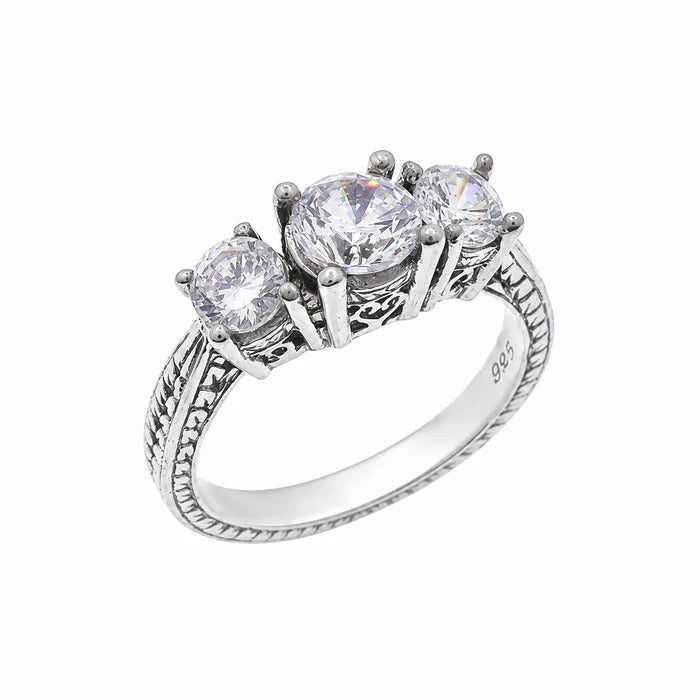 Sterling Silver Rhodium Plated Past Present And Future CZ Bridal Engagement Ring