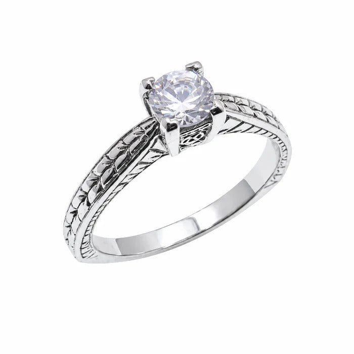 Sterling Silver Rhodium Plated Vintage Solitair CZ Bridal Engagement Ring