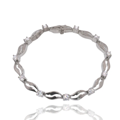 Sterling Silver Rhodium Plated Wave Link Clear CZ Bracelet