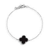 Sterling Silver Rhodium Plated Black Enamel Four Leaf Clover adjustable Bracelet