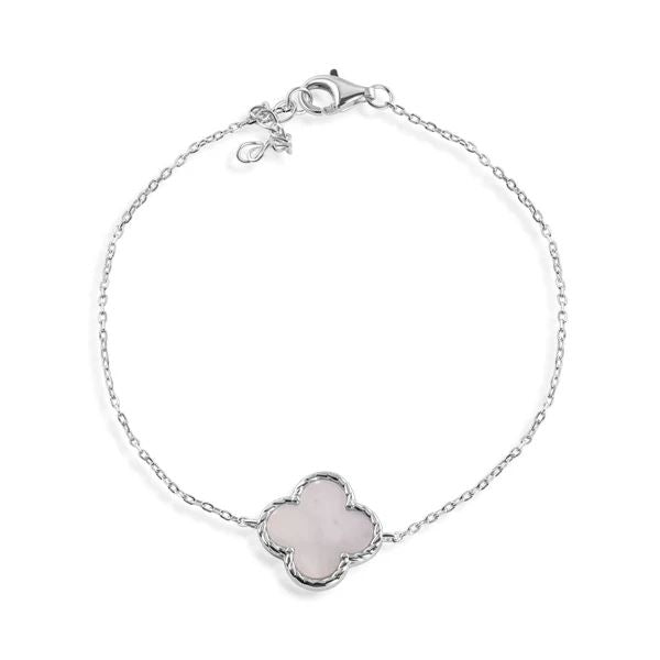 Sterling Silver Rhodium Plated Syntethic Pearl Four Leaf Clover adjustable Bracelet