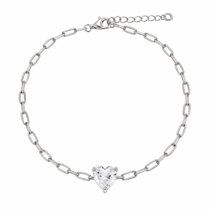 Sterling Silver Rhodium Plated Clear CZ Heart Paper Link Chain Bracelet