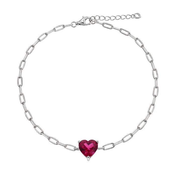 Sterling Silver Rhodium Plated Red CZ Heart Paper Link Chain Bracelet