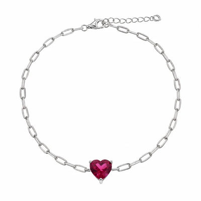 Sterling Silver Rhodium Plated Red CZ Heart Paper Link Chain Bracelet