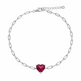 Sterling Silver Rhodium Plated Red CZ Heart Paper Link Chain Bracelet