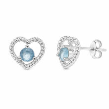 Load image into Gallery viewer, Sterling Silver Rhodium Plated Twisted Heart Outline With Blue CZ Earrings