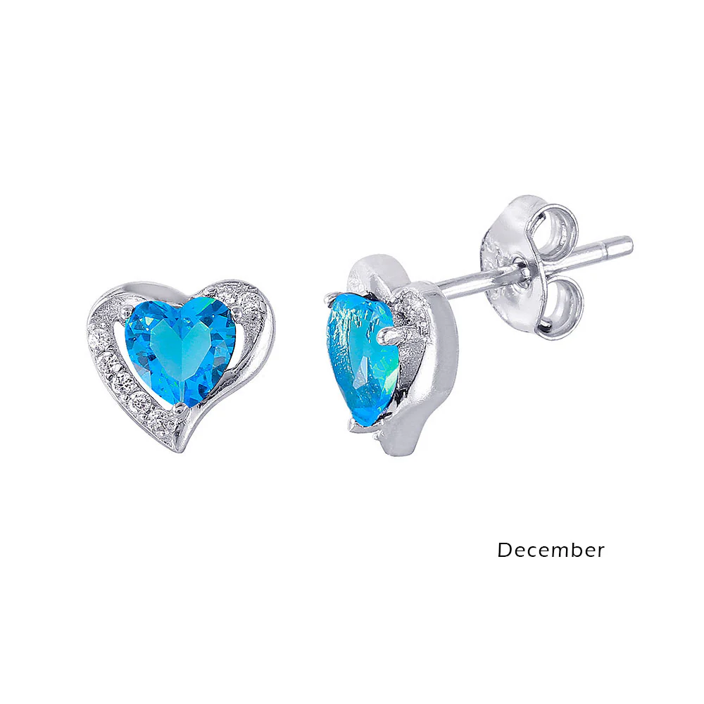 Sterling Silver Rhodium Plated Elegant Heart CZ Birth Earrings with Earring Dimensions of 7.9MMx8.6MM and Friction Back Post