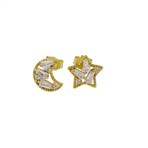 Sterling Silver Gold Plated Baguette CZ Star And Moon Stud Earrings