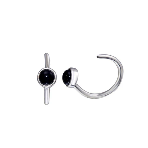 Sterling Silver Rhodium Plated Round Onyx Semi-Hoop Earrings