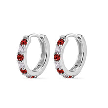 Load image into Gallery viewer, Sterling Silver Rhodium Plated Clear Red CZ Huggie Earrings