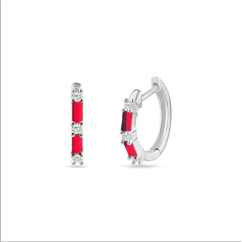 Sterling Silver Rhodium Plated Red CZ Huggie Hoop Earring