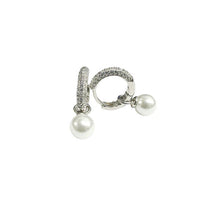 Load image into Gallery viewer, Sterling Silver Rhodium Plated Dangling Pearl Clear CZ Hoop Earrings