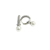 Sterling Silver Rhodium Plated Dangling Pearl Clear CZ Hoop Earrings