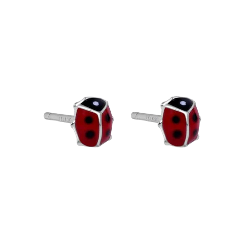 Sterling Silver Rhodium Plated Enamel Red Lady Bug Earrings