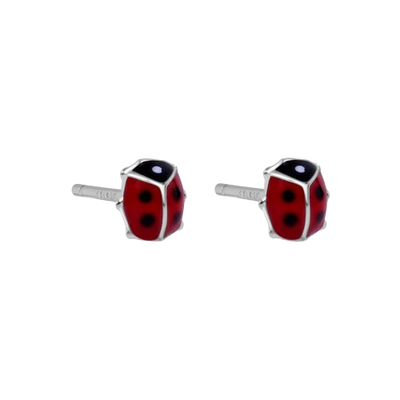 Sterling Silver Rhodium Plated Enamel Red Lady Bug Earrings