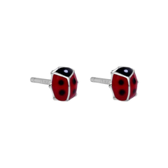 Sterling Silver Rhodium Plated Enamel Red Lady Bug Earrings