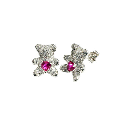 Sterling Silver Rhodium Plated Bear Heart Clear and Red CZ Stud Earrings
