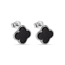 Load image into Gallery viewer, Sterling Silver Rhodium Plated Black Enamel Four Leaf Clover Stud Earring