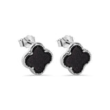 Sterling Silver Rhodium Plated Black Enamel Four Leaf Clover Stud Earring