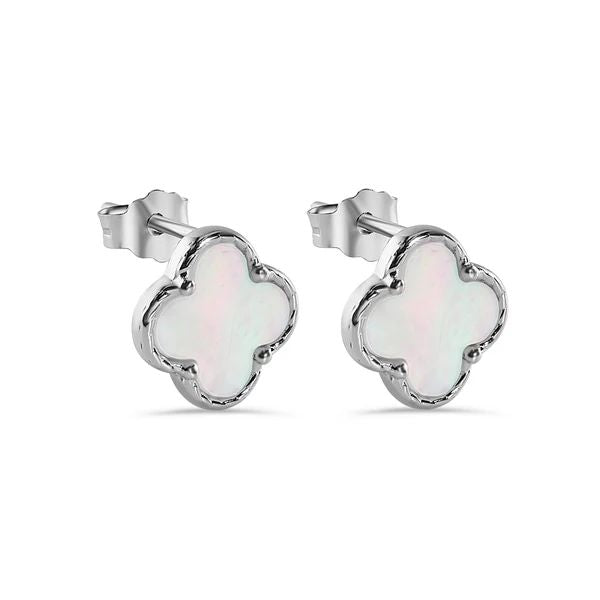 Sterling Silver Rhodium Plated Synthethic Pearl Four Leaf Clover Stud Earring